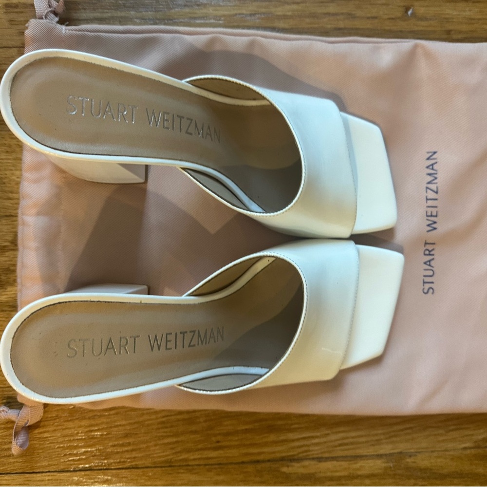 Stuart Weitzman Cream Square-Toe Block Heels